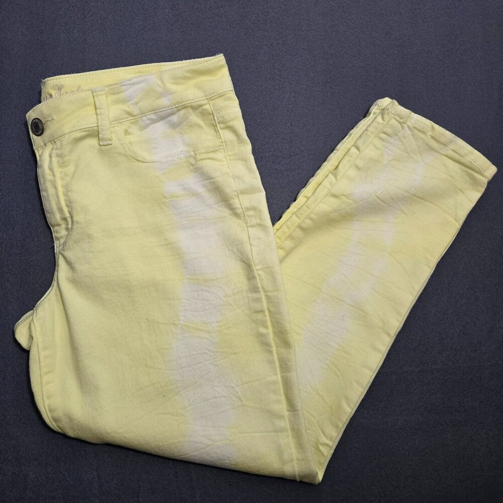 American Eagle Jeans Women 14 Yellow Tie dye Stretch Mid Rise Skinny Jeggings